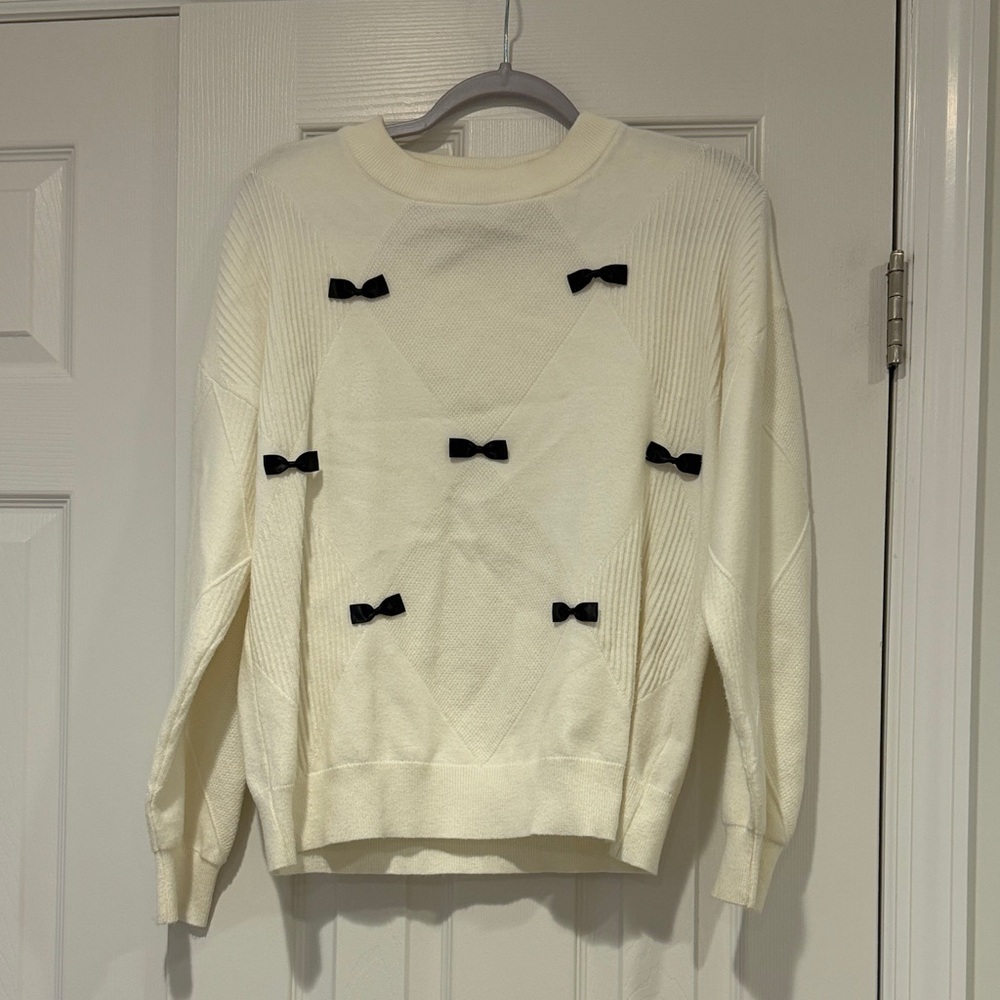 Madison Cream Crewneck Sweater with Black Bow Accents